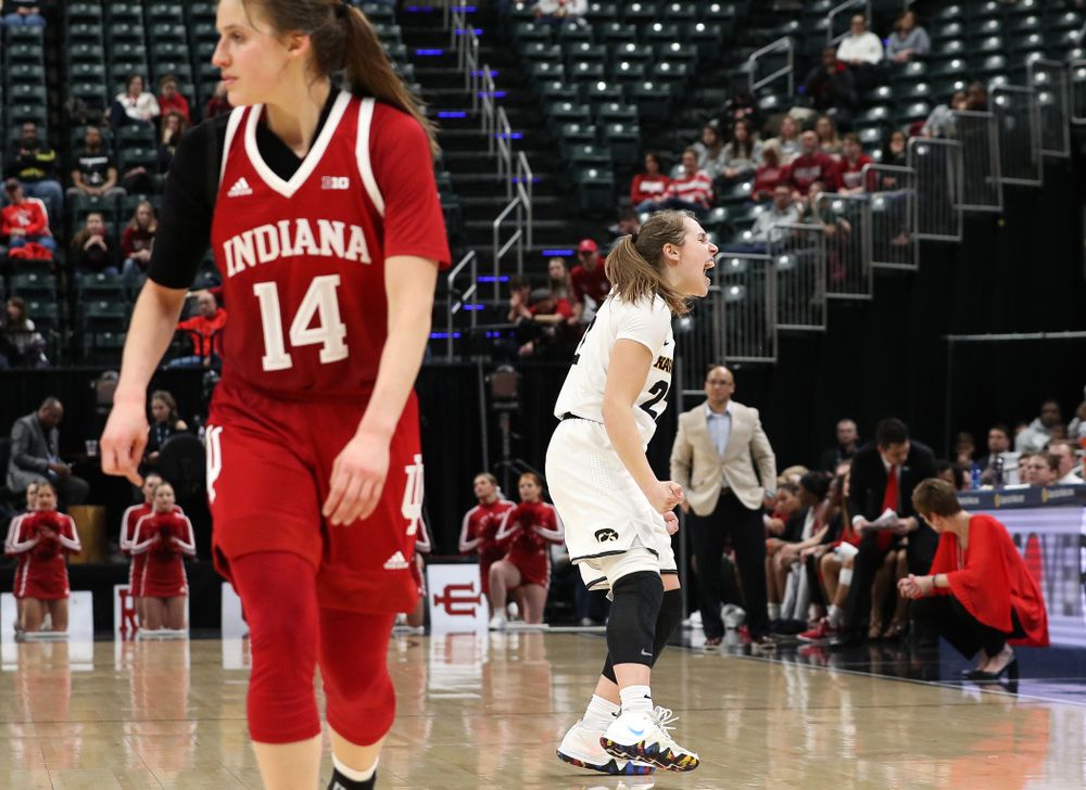 Iowa Hawkeyes guard Kathleen Doyle (22) against the Indiana Hoosiers in the quarterfinals of the Big Ten Tournament Friday, March 8, 2019 at Bankers Life Fieldhouse in Indianapolis, Ind. (Brian Ray/hawkeyesports.com)