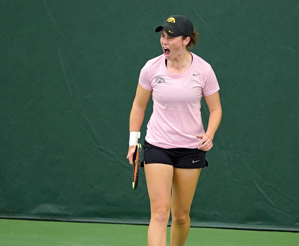 Iowa's Elise van Heuvelen Treadwell celebrates a score during her match against Purdue at the Hawkeye Tennis and Recreation Complex in Iowa City on Friday, Mar. 29, 2019. (Stephen Mally/hawkeyesports.com)