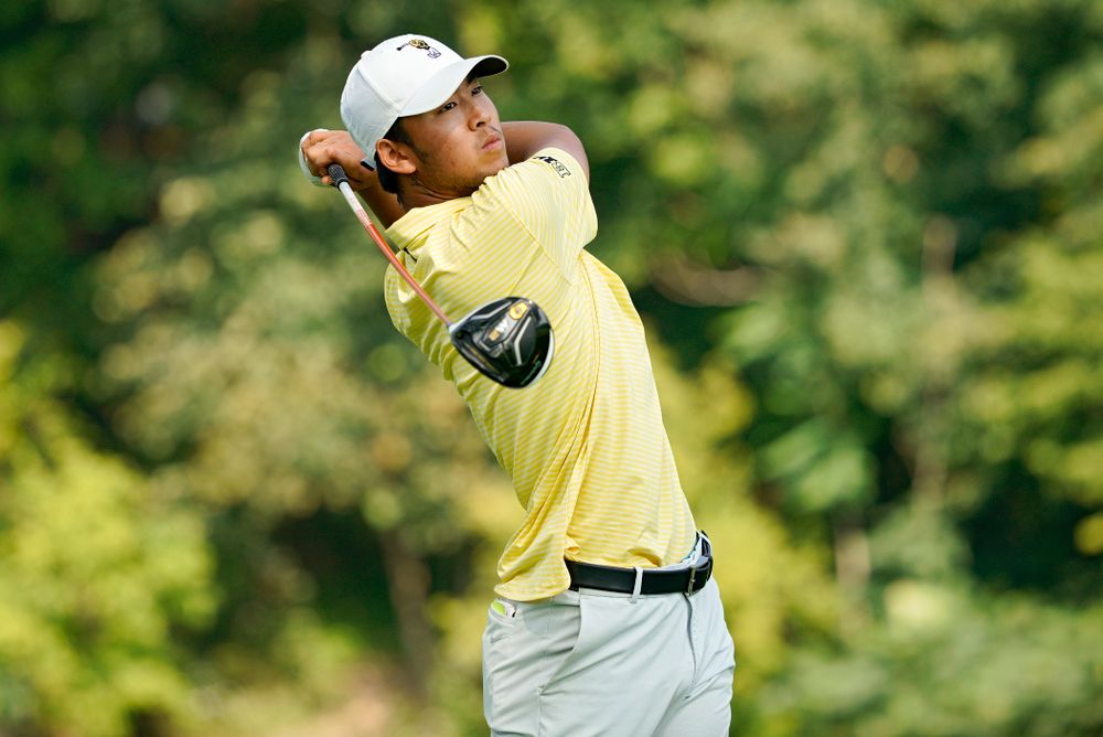 Iowa’s Joe Kim tees off during the third day of the Golfweek Conference Challenge at the Cedar Rapids Country Club in Cedar Rapids on Tuesday, Sep 17, 2019. (Stephen Mally/hawkeyesports.com)