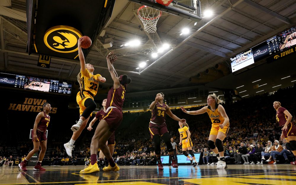 Iowa Hawkeyes guard Kathleen Doyle (22) against the Minnesota Golden Gophers Thursday, February 27, 2020 at Carver-Hawkeye Arena. (Brian Ray/hawkeyesports.com)