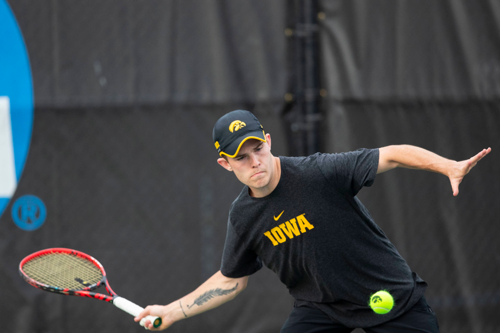 IowaÕs Jonas Larsen at tennis vs Illinois State on Sunday, April 21, 2019 at the Hawkeye Tennis and Recreation Complex. (Lily Smith/hawkeyesports.com)