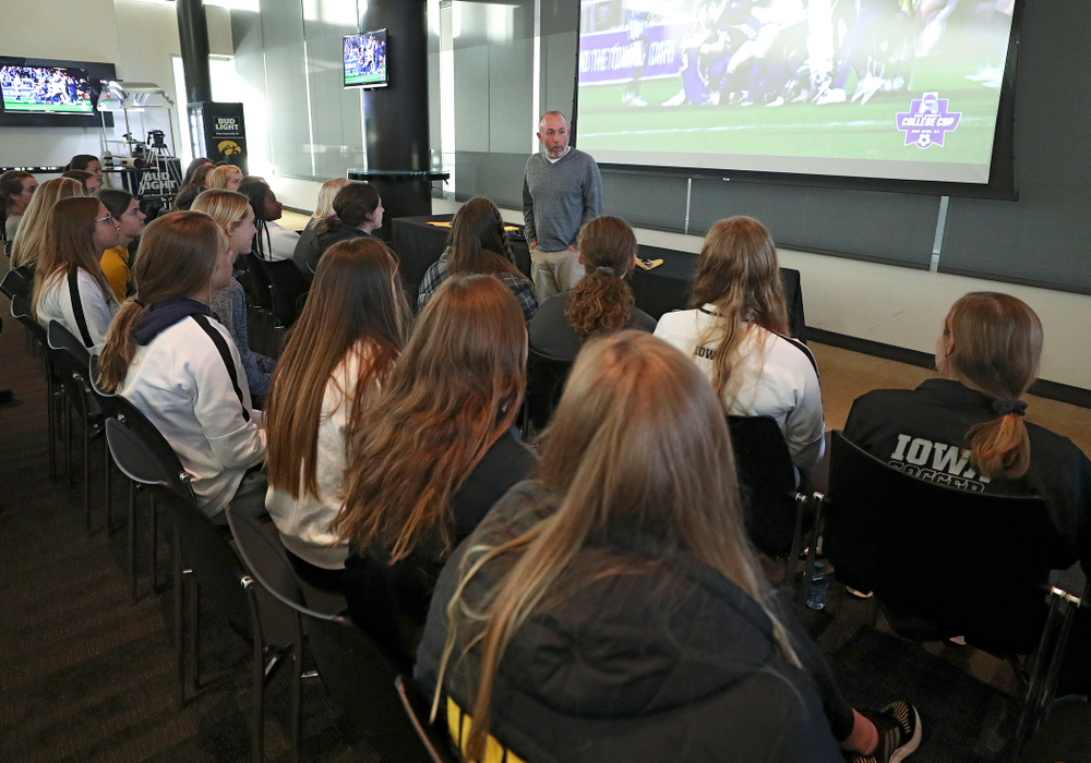 Iowa head coach Dave DiIanni talks with his team after watching the NCAA women’s soccer section show at Carver-Hawkeye Arena in Iowa City on Monday, Nov 11, 2019. (Stephen Mally/hawkeyesports.com)