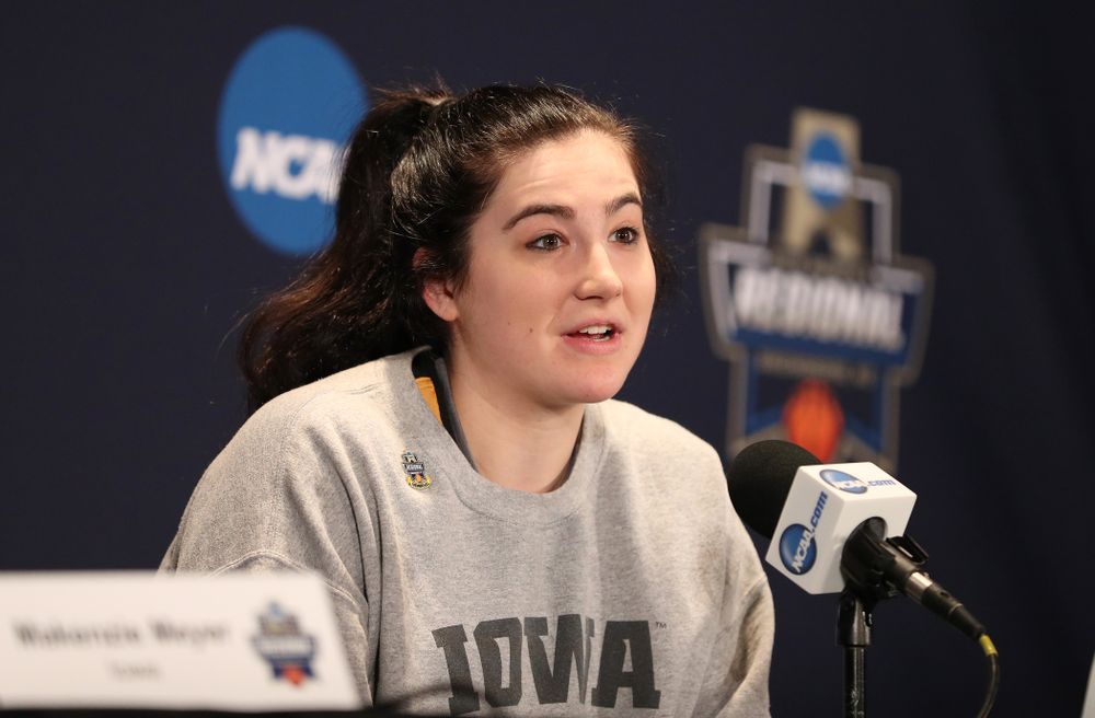 Iowa Hawkeyes forward Megan Gustafson (10) during media and practice as they prepare for their Sweet 16 matchup against NC State Friday, March 29, 2019 at the Greensboro Coliseum in Greensboro, NC.(Brian Ray/hawkeyesports.com)