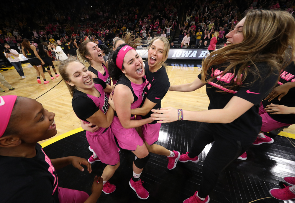 The Iowa Hawkeyes celebrate their victory over the seventh ranked Maryland Terrapins Sunday, February 17, 2019 at Carver-Hawkeye Arena. (Brian Ray/hawkeyesports.com)