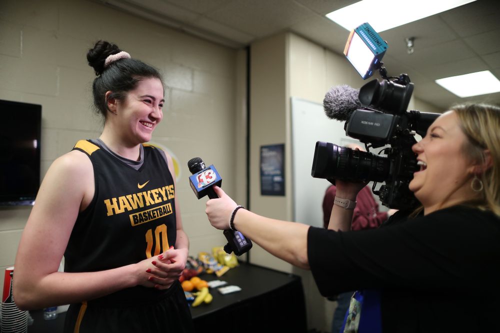 Iowa Hawkeyes forward Megan Gustafson (10) during practice and media before the regional final of the 2019 NCAA Women's College Basketball Tournament against the Baylor Bears Sunday, March 31, 2019 at Greensboro Coliseum in Greensboro, NC.(Brian Ray/hawkeyesports.com)
