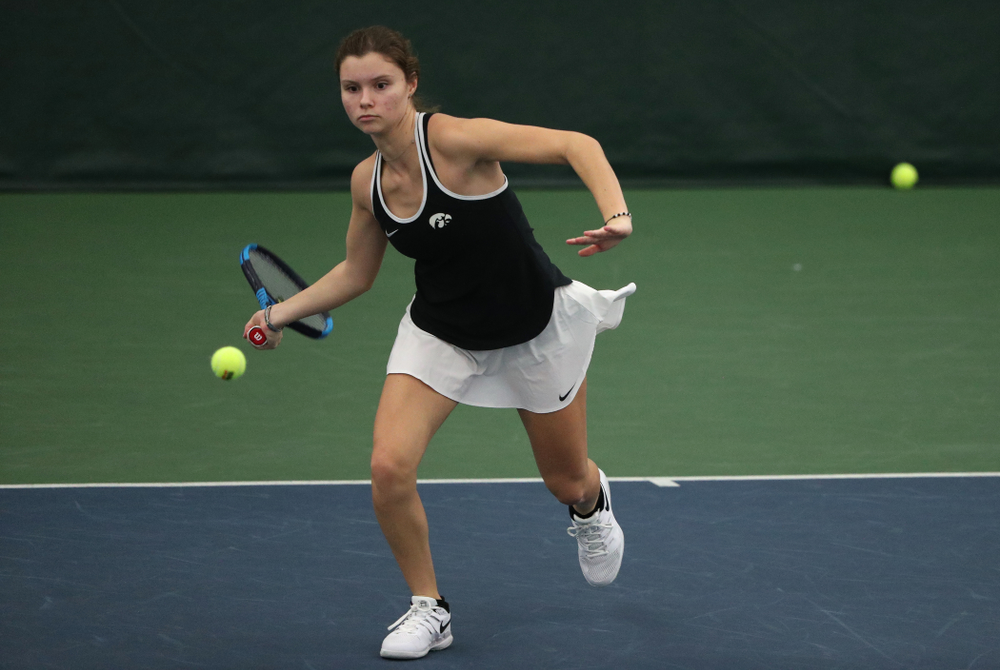Iowa's Cloe Ruette during a doubles match against North Texas Sunday, January 20, 2019 at the Hawkeye Tennis and Recreation Center. (Brian Ray/hawkeyesports.com)