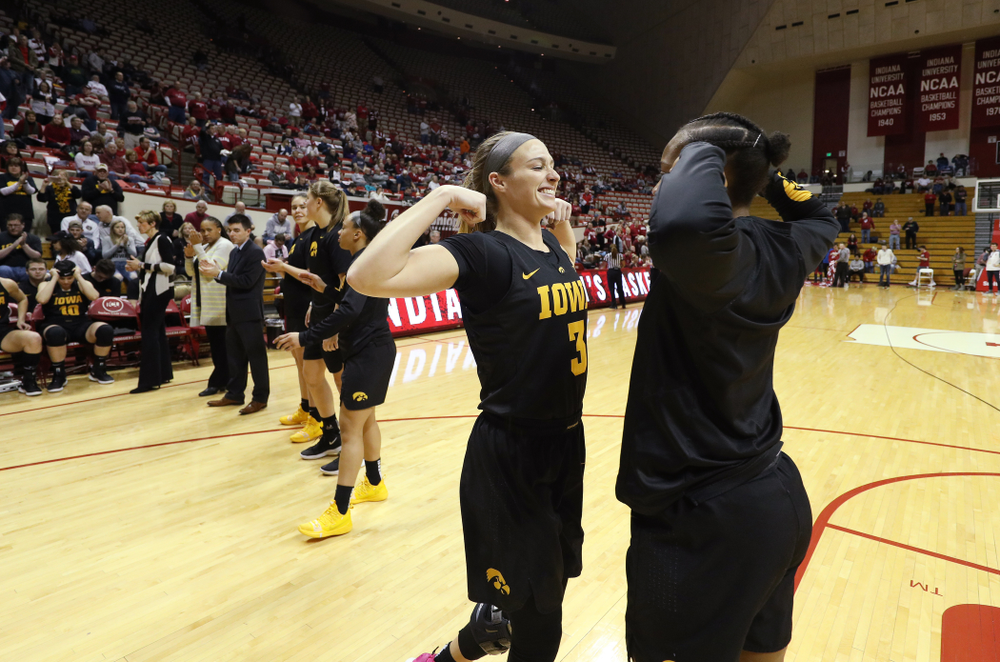 Iowa Hawkeyes guard Makenzie Meyer (3) against the Indiana Hoosiers Thursday, February 21, 2019 at Simon Skjodt Assembly Hall. (Brian Ray/hawkeyesports.com)