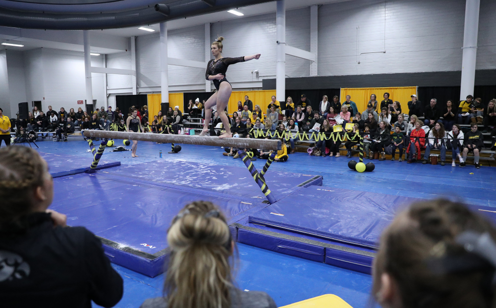 Sydney Hogan competes on the beam during the Black and Gold intrasquad meet Saturday, December 1, 2018 at the University of Iowa Field House. (Brian Ray/hawkeyesports.com)