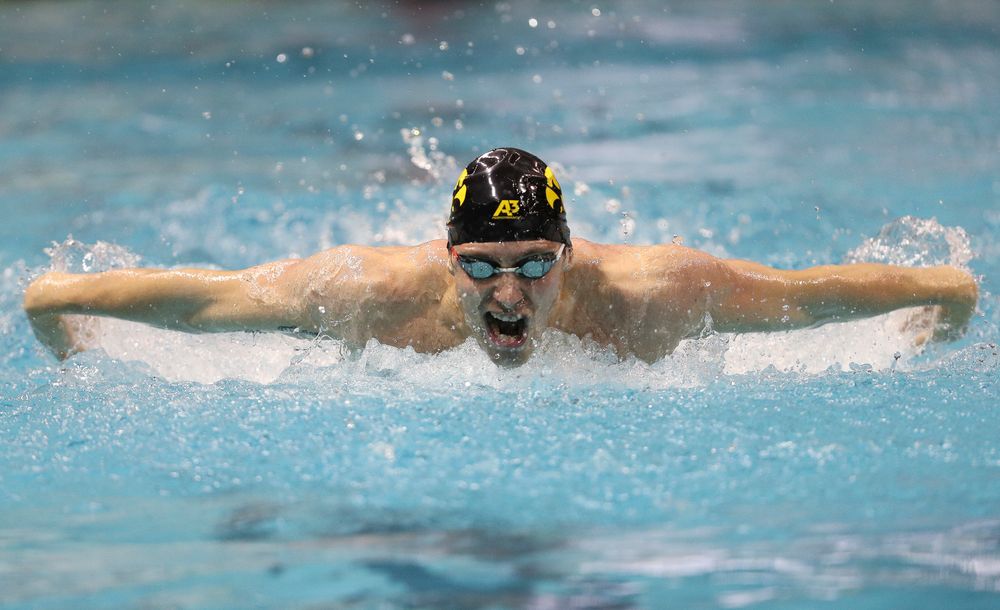 Iowa's Jack Smith competes in the 100-yard butterfly during the third day of the Hawkeye Invitational at the Campus Recreation and Wellness Center on November 16, 2018. (Tork Mason/hawkeyesports.com)
