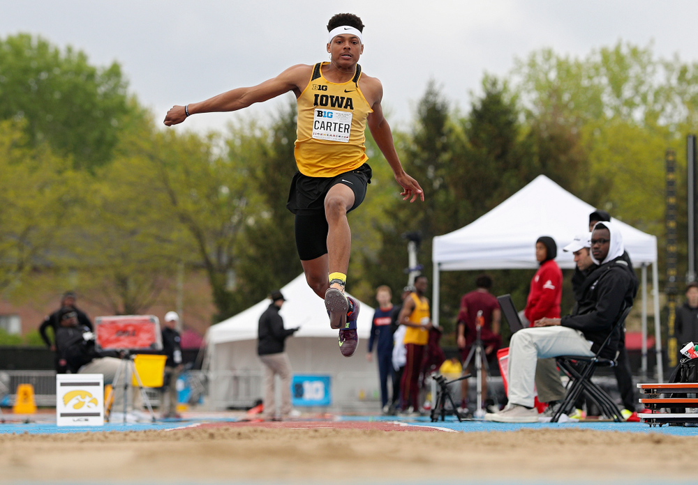 Iowa's James Carter jumps in the men’s triple jump event on the third day of the Big Ten Outdoor Track and Field Championships at Francis X. Cretzmeyer Track in Iowa City on Sunday, May. 12, 2019. (Stephen Mally/hawkeyesports.com)