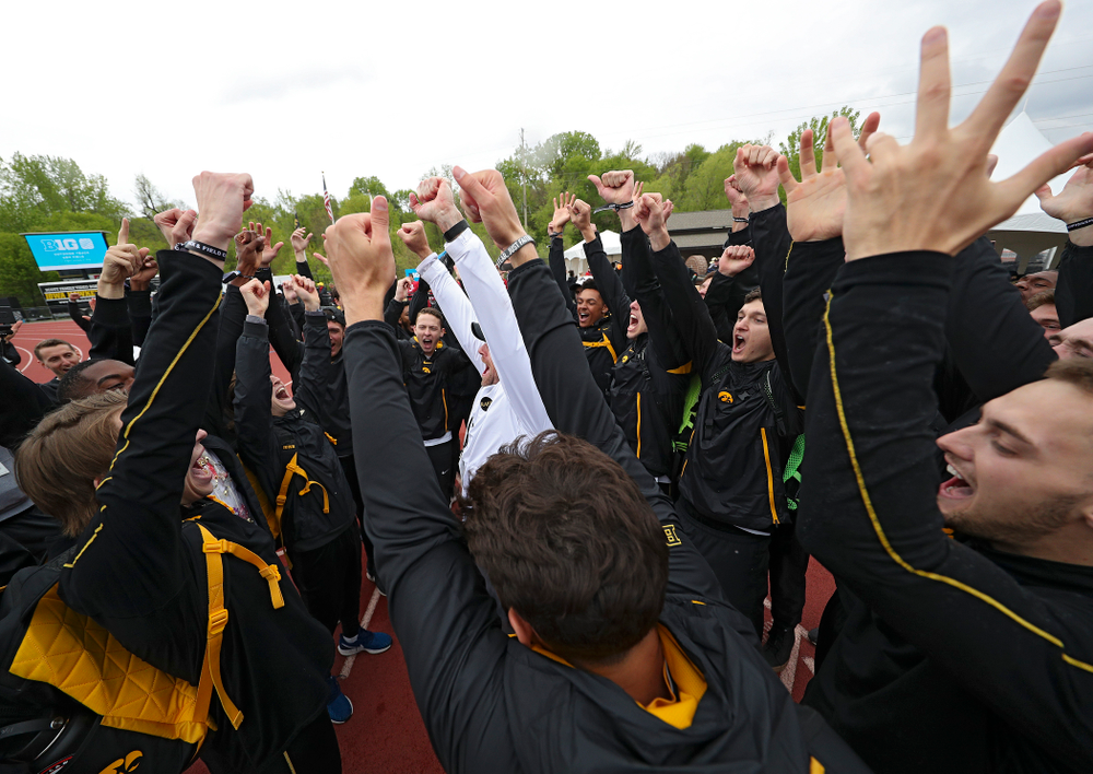 Iowa Director of Track and Field Joey Woody celebrates with his team after winning the Men's Big Ten Outdoor Track and Field Championships on the third day of the Big Ten Outdoor Track and Field Championships at Francis X. Cretzmeyer Track in Iowa City on Sunday, May. 12, 2019. (Stephen Mally/hawkeyesports.com)