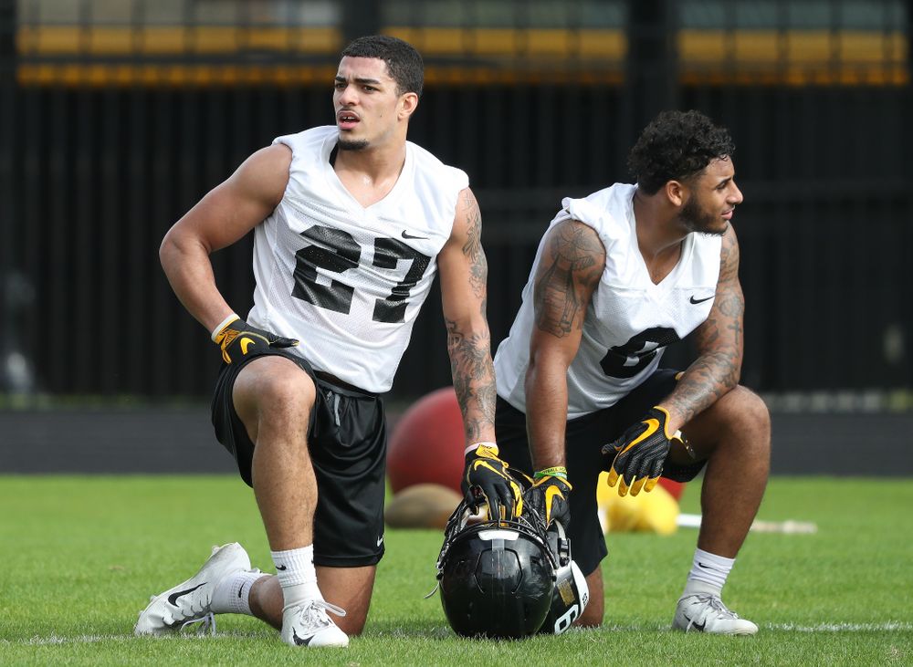 Iowa Hawkeyes defensive back Amani Hooker (27) and defensive back Geno Stone (9) during practice for the 2019 Outback Bowl Friday, December 28, 2018 at the University of Tampa. (Brian Ray/hawkeyesports.com)