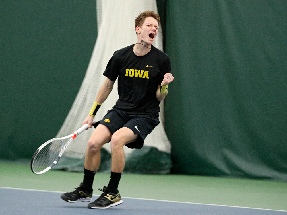 Iowa’s Jason Kerst celebrates a point during his match against Marquette at the Hawkeye Tennis and Recreation Complex in Iowa City on Saturday, January 25, 2020. (Stephen Mally/hawkeyesports.com)