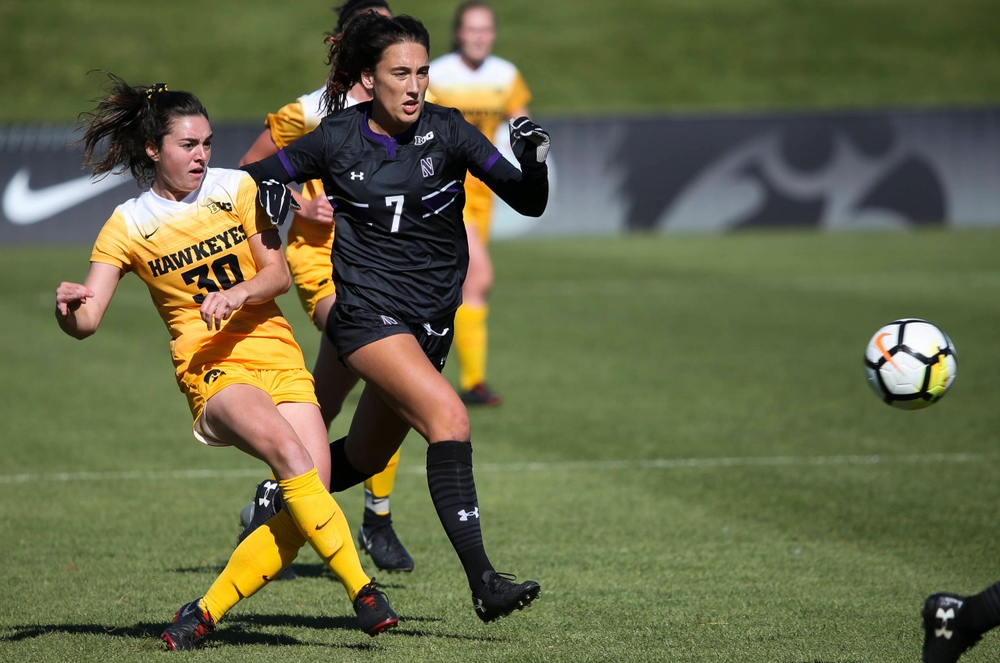Iowa Hawkeyes forward Devin Burns (30) takes a shot during a game against Northwestern at the Iowa Soccer Complex on October 21, 2018. (Tork Mason/hawkeyesports.com)