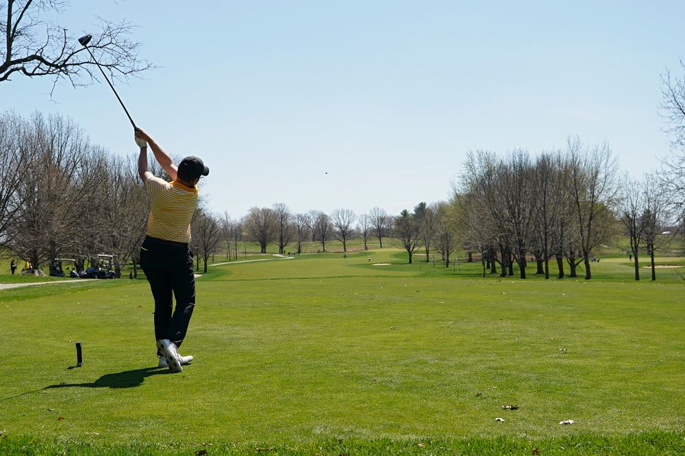 Iowa's Matthew Walker tees off during the third round of the Hawkeye Invitational at Finkbine Golf Course in Iowa City on Sunday, Apr. 21, 2019. (Stephen Mally/hawkeyesports.com)