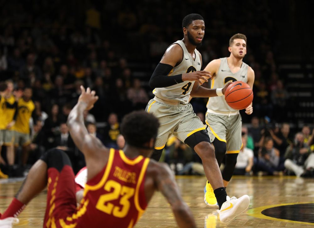 Iowa Hawkeyes guard Isaiah Moss (4) against the Iowa State Cyclones in the Iowa Corn Cy-Hawk Series Thursday, December 6, 2018 at Carver-Hawkeye Arena. (Brian Ray/hawkeyesports.com)