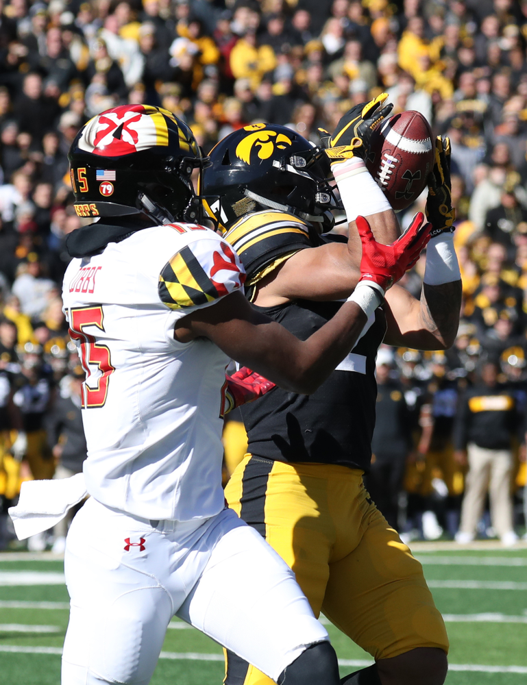 Iowa Hawkeyes defensive back Amani Hooker (27) intercepts a pass against the Maryland Terrapins Saturday, October 20, 2018 at Kinnick Stadium (Max Allen/hawkeyesports.com)