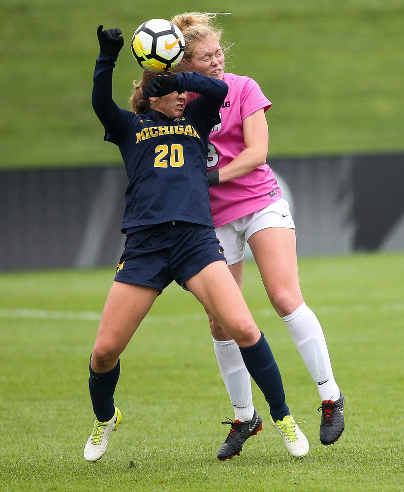 Iowa Hawkeyes defender Morgan Kemerling (3) heads the ball during a game against Michigan at the Iowa Soccer Complex on October 14, 2018. (Tork Mason/hawkeyesports.com)