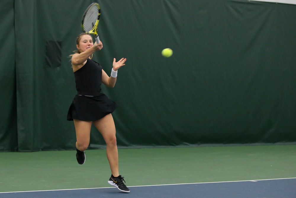 Iowa’s Danielle Burich returns a hit during the Iowa women’s tennis meet vs UNI on Saturday, February 29, 2020 at the Hawkeye Tennis and Recreation Complex. (Lily Smith/hawkeyesports.com)