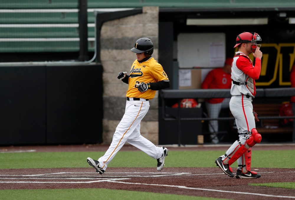 Iowa Hawkeyes catcher Austin Guzzo (20) against the Ohio State Buckeyes Sunday, April 8, 2018 at Duane Banks Field.(Brian Ray/hawkeyesports.com)