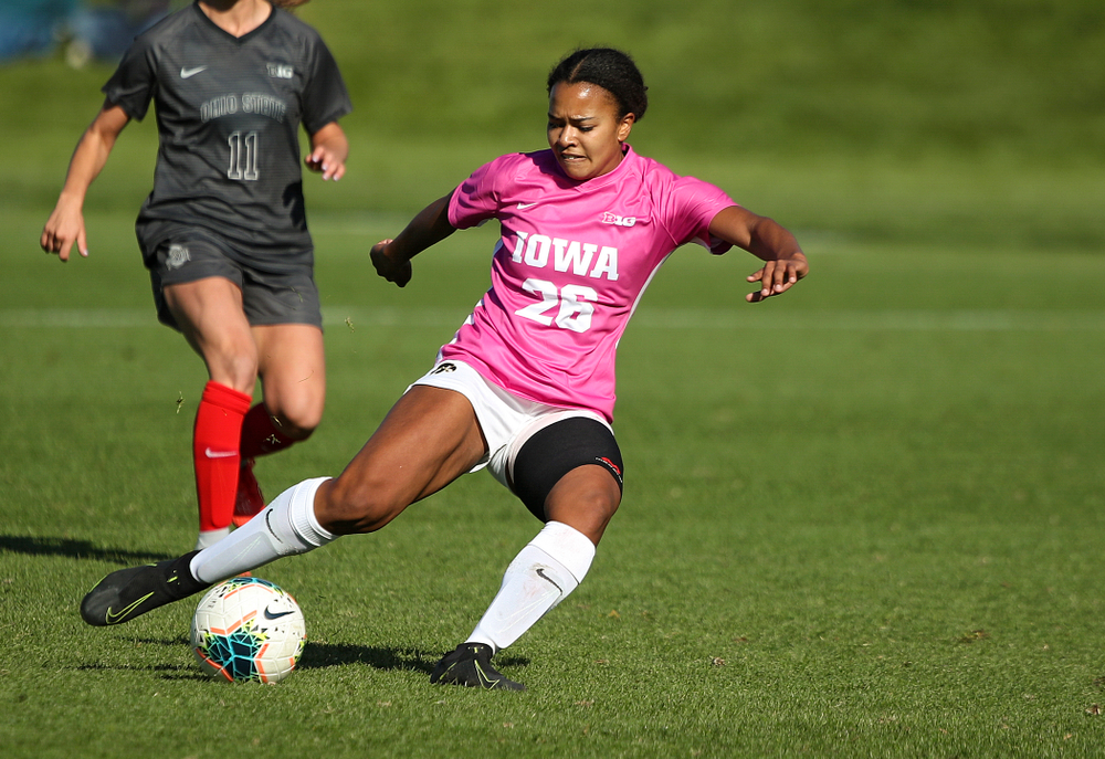 Iowa midfielder/forward Melina Hegelheimer (26) lines up a shot during the first overtime of their match at the Iowa Soccer Complex in Iowa City on Sunday, Oct 27, 2019. (Stephen Mally/hawkeyesports.com)
