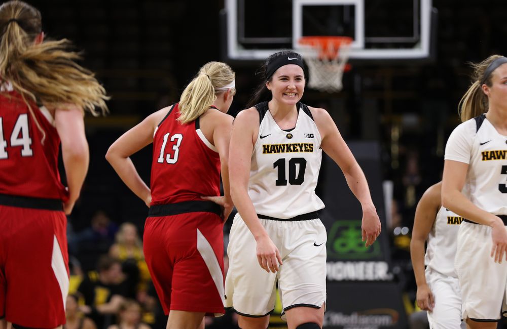 Iowa Hawkeyes forward Megan Gustafson (10) against the Nebraska Cornhuskers Thursday, January 3, 2019 at Carver-Hawkeye Arena. (Brian Ray/hawkeyesports.com)