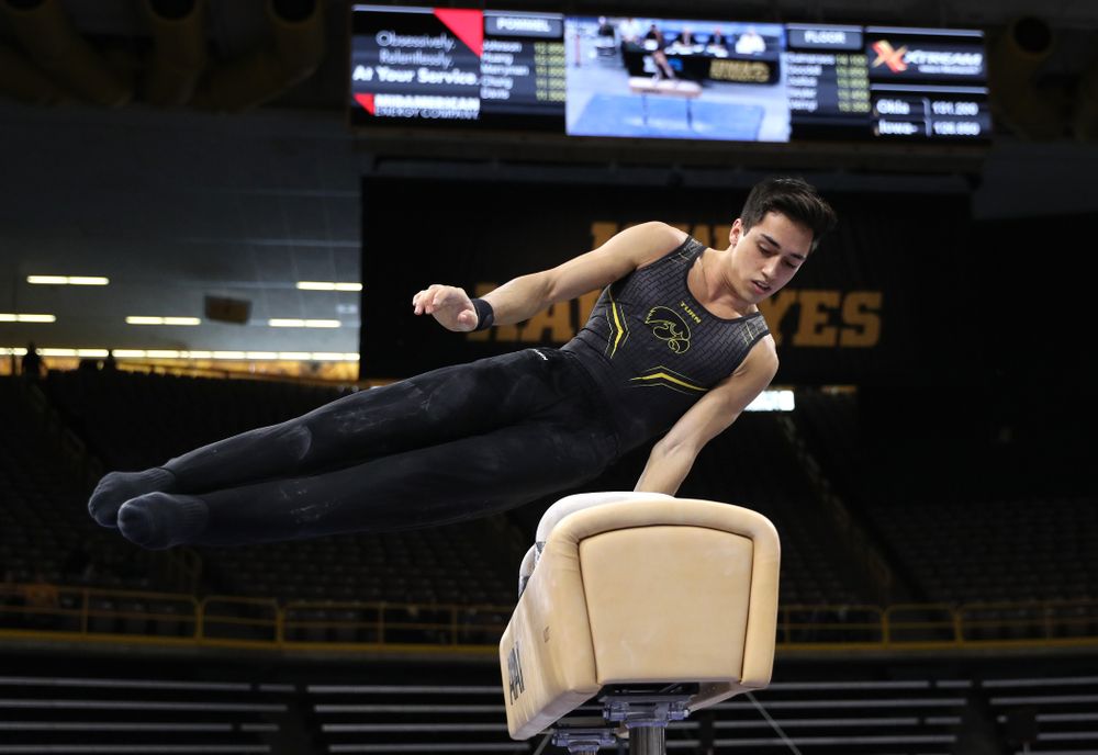 Iowa's Andrew Herrador competes on the Pommel Horse against Oklahoma Saturday, February 9, 2019 at Carver-Hawkeye Arena. (Brian Ray/hawkeyesports.com)