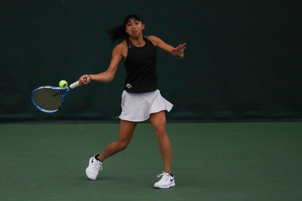 IowaÕs Michelle Bacalla at womenÕs tennis senior day vs Nebraska on Saturday, April 13, 2019 at the Hawkeye Tennis and Recreation Complex. (Lily Smith/hawkeyesports.com)