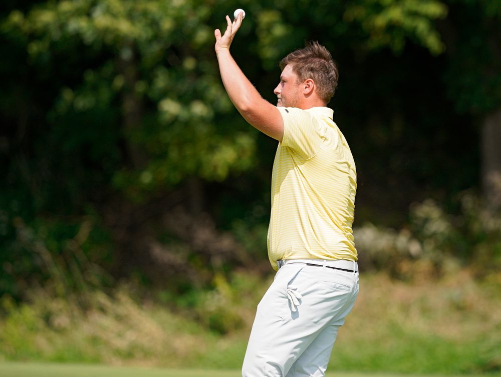 Iowa’s Alex Schaake holds up his ball after making a putt during the third day of the Golfweek Conference Challenge at the Cedar Rapids Country Club in Cedar Rapids on Tuesday, Sep 17, 2019. (Stephen Mally/hawkeyesports.com)