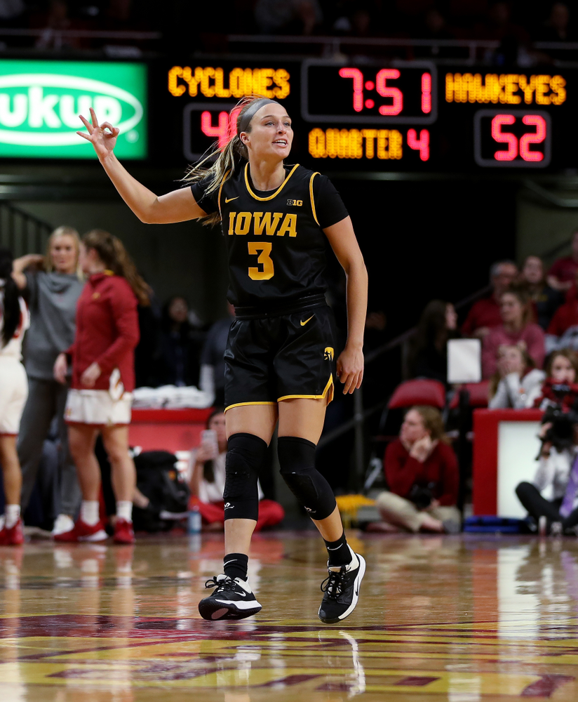 Iowa Hawkeyes guard Makenzie Meyer (3) against the Iowa State Cyclones Wednesday, December 11, 2019 at Hilton Coliseum in Ames, Iowa(Brian Ray/hawkeyesports.com)