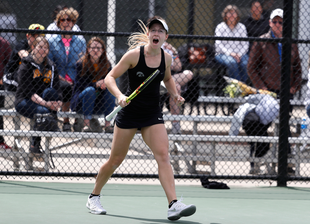 Montana Crawford and Danielle Burich play a doubles match against the Wisconsin Badgers Sunday, April 22, 2018 at the Hawkeye Tennis and Recreation Center. (Brian Ray/hawkeyesports.com)