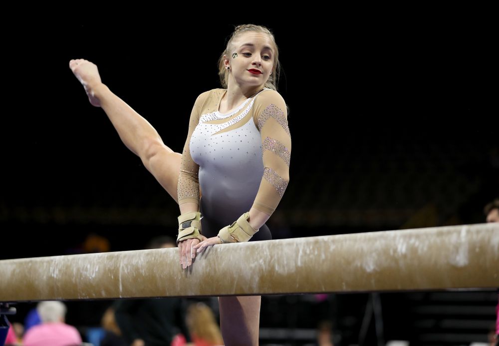 IowaÕs Lauren Guerin competes on the beam against Ball State and Air Force Saturday, January 11, 2020 at Carver-Hawkeye Arena. (Brian Ray/hawkeyesports.com)