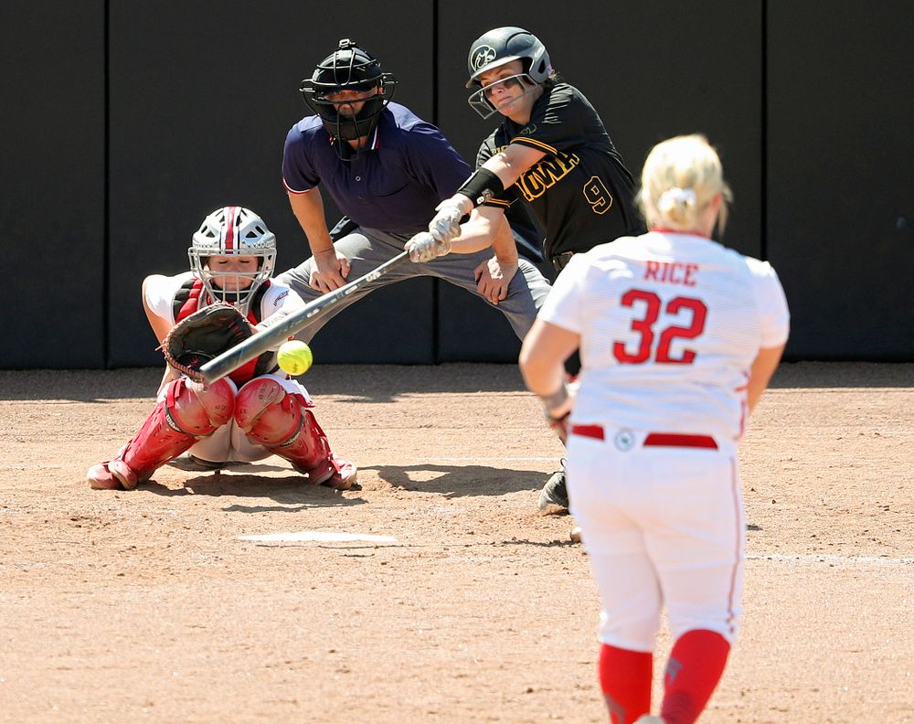 Iowa catcher Abby Lien (9) drives a pitch for a hit during the fourth inning of their game against Ohio State at Pearl Field in Iowa City on Saturday, May. 4, 2019. (Stephen Mally/hawkeyesports.com)