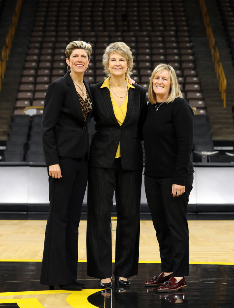 Iowa Hawkeyes associate head coach Jan Jensen, head coach Lisa Bluder, and special assistant to the Head Coach Jenni Fitzgerald during the teamÕs annual media day Thursday, October 24, 2019 at Carver-Hawkeye Arena. (Brian Ray/hawkeyesports.com)