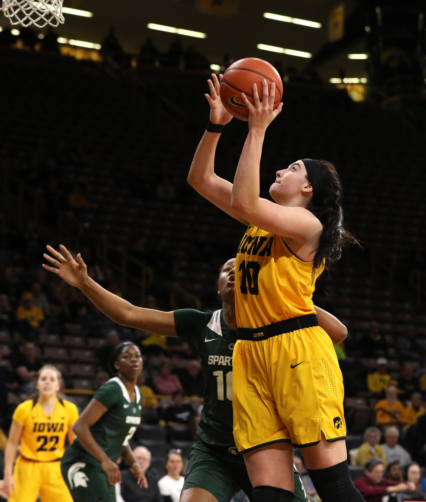Iowa Hawkeyes forward Megan Gustafson (10) against the Michigan State Spartans Thursday, February 7, 2019 at Carver-Hawkeye Arena. (Brian Ray/hawkeyesports.com)