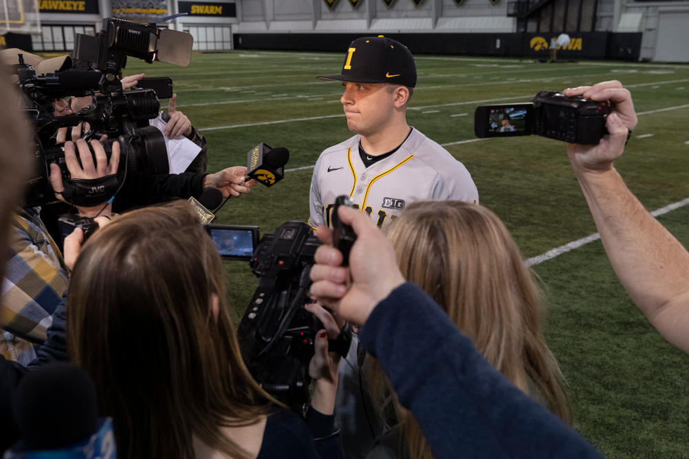 Iowa Hawkeyes Cole McDonald (11) answers questions from reporters during the team's annual media day Tuesday, February 5, 2019 in the Indoor Practice Facility. (Brian Ray/hawkeyesports.com)