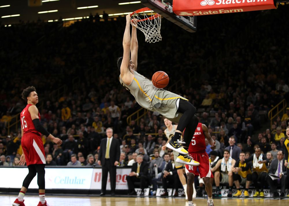 Iowa Hawkeyes forward Ryan Kriener (15) dunks the ball against the Nebraska Cornhuskers Sunday, January 6, 2019 at Carver-Hawkeye Arena. (Brian Ray/hawkeyesports.com)