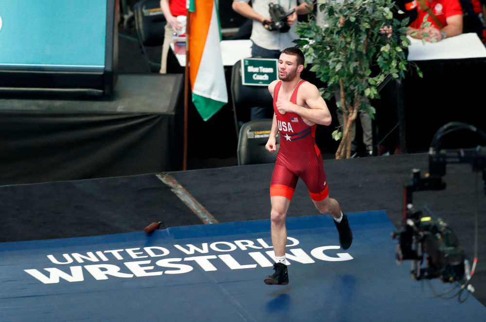 Thomas Gilman during the United World Wrestling Freestyle World Cup Saturday, April 7, 2018 at Carver-Hawkeye Arena. (Brian Ray/hawkeyesports.com)