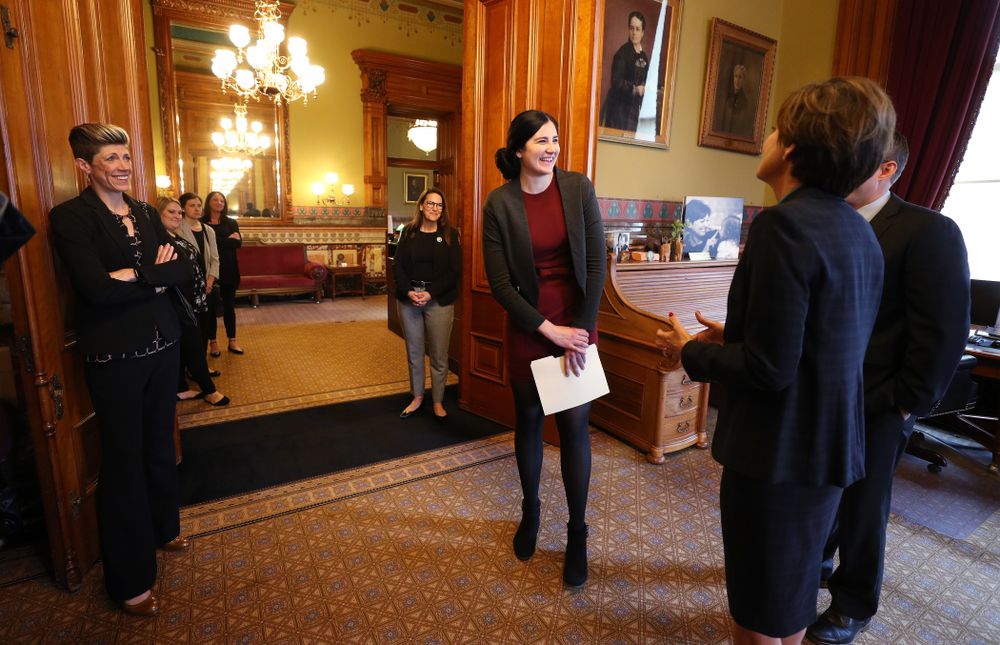 Iowa’s Megan Gustafson meets with Governor Kim Reynolds and Lt. Governor Adam Gregg at the Iowa State Capitol Wednesday, April 24, 2019 in Des Moines. (Brian Ray/hawkeyesports.com)