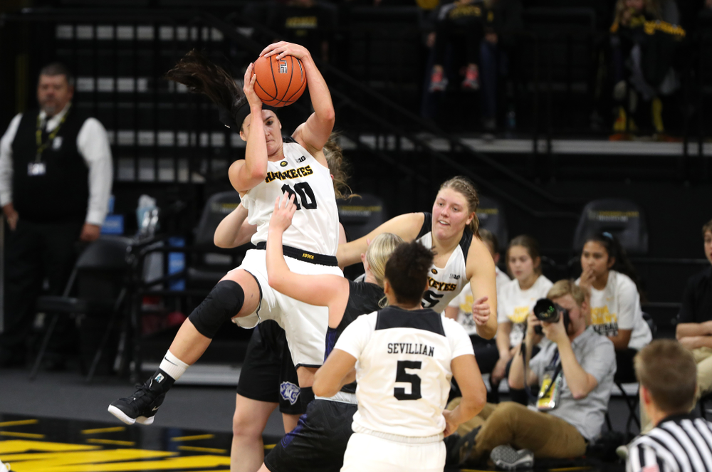 Iowa Hawkeyes forward Megan Gustafson (10) against Dakota Wesleyan University Tuesday, November 6, 2018 at Carver-Hawkeye Arena. (Brian Ray/hawkeyesports.com)