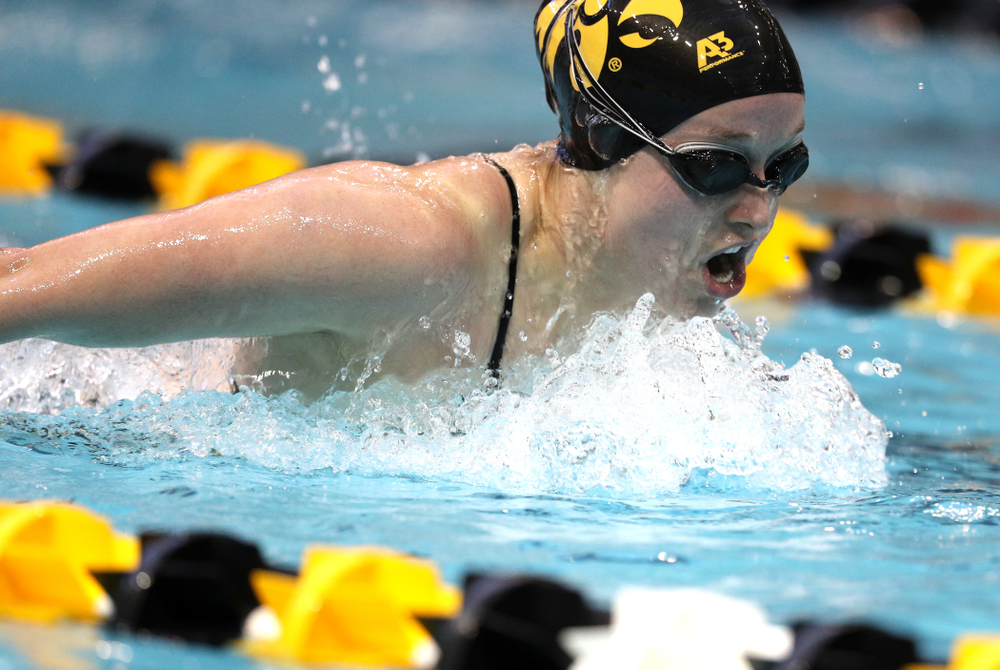 Iowa's Kelsey Drake swims the 200 yard butterfly during a double dual against Wisconsin and Northwestern Saturday, January 19, 2019 at the Campus Recreation and Wellness Center. (Brian Ray/hawkeyesports.com)