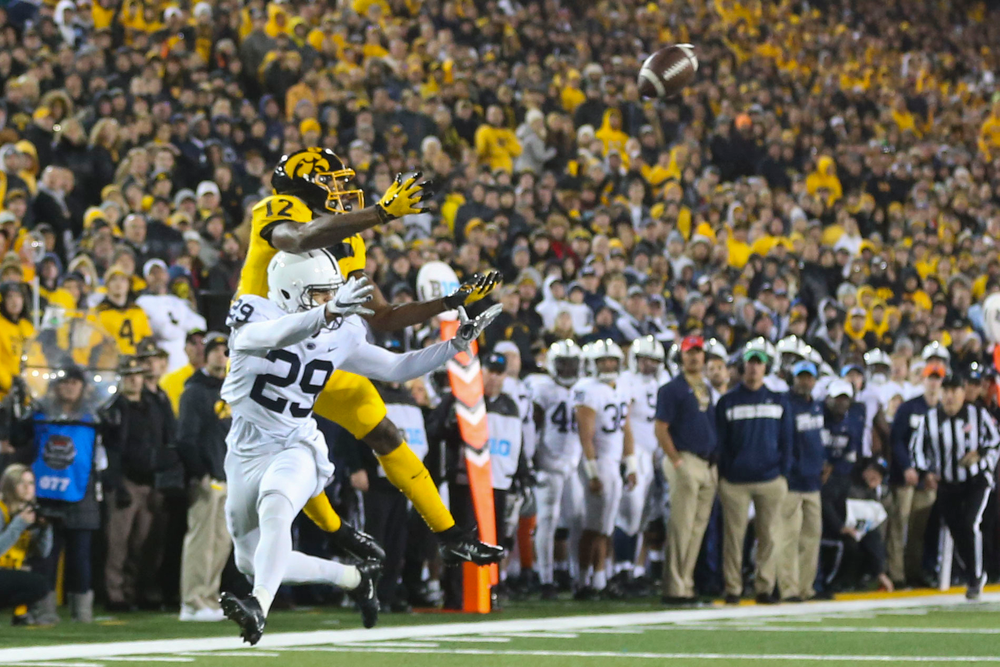 Iowa Hawkeyes wide receiver Brandon Smith (12) during Iowa football vs Penn State on Saturday, October 12, 2019 at Kinnick Stadium. (Lily Smith/hawkeyesports.com)