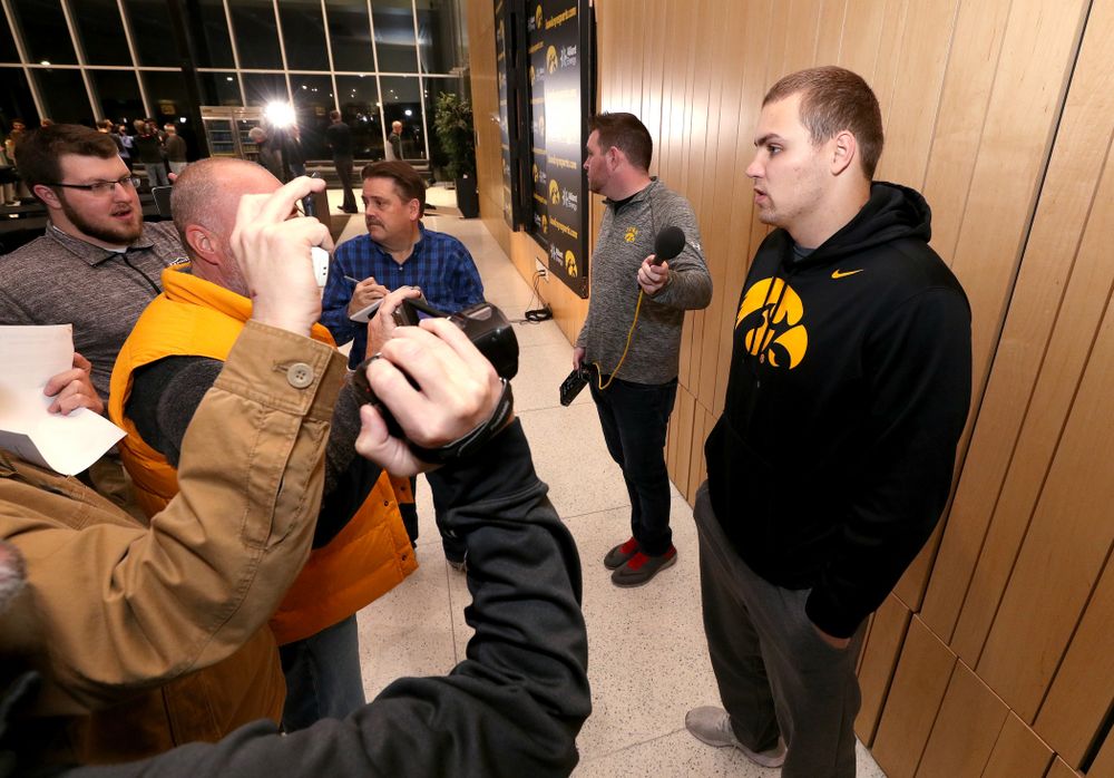 Iowa Hawkeyes quarterback Nate Stanley (4) answers questions from the media on the Hawkeyes selection to face USC in the 2019 Holiday Bowl Sunday, December 8, 2019 at the Hansen Football Performance Center. (Brian Ray/hawkeyesports.com)