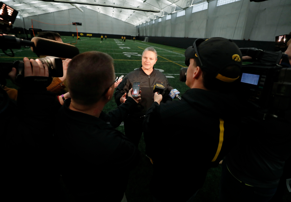 Iowa Head Coach Marla Looper answers questions during the team's annual media day Thursday, February 1, 2018 at the Hawkeye Tennis and Recreation Complex. (Brian Ray/hawkeyesports.com)