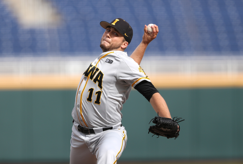 Iowa Hawkeyes Cole McDonald (11) delivers the ball to the plate against the Indiana Hoosiers in the first round of the Big Ten Baseball Tournament Wednesday, May 22, 2019 at TD Ameritrade Park in Omaha, Neb. (Brian Ray/hawkeyesports.com)