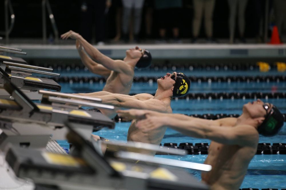 Iowa's Kenneth Mende swims the backstroke leg of the 200 medley relay at the 2019 Big Ten Swimming and Diving meet Wednesday, February 27, 2019 at the Campus Wellness and Recreation Center. (Lily Smith/hawkeyesports.com)