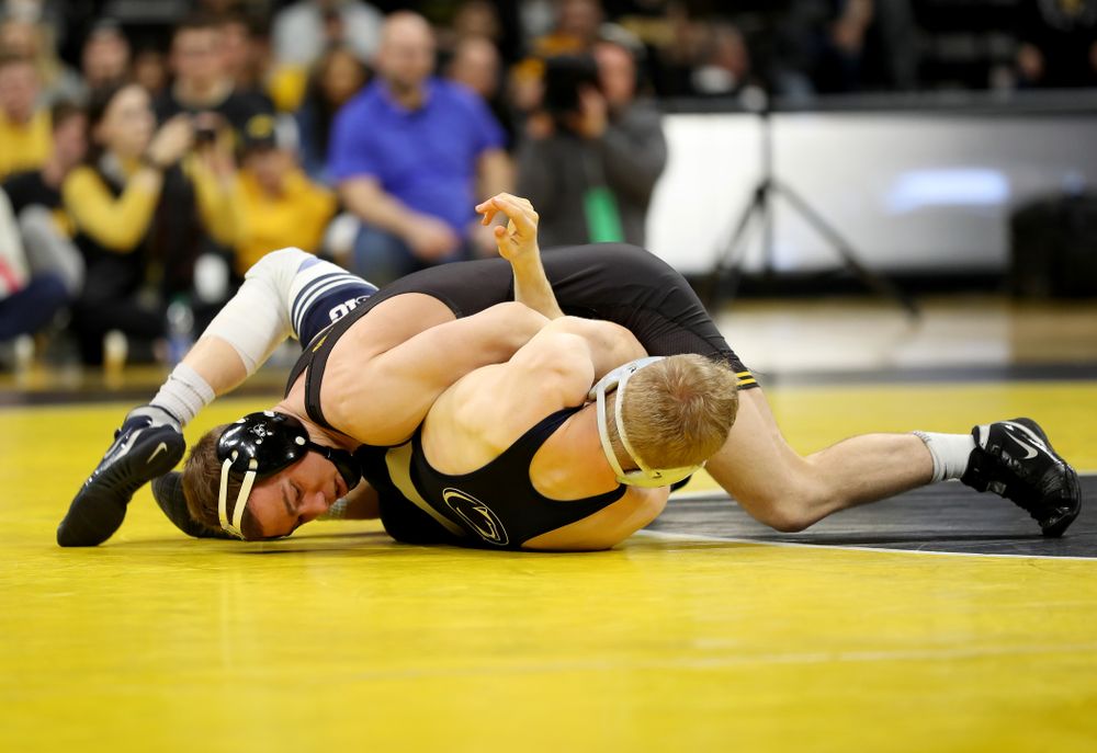 Iowa’s Spencer Lee wrestles Penn State’s Brandon Meredith at 125 pounds Friday, January 31, 2020 at Carver-Hawkeye Arena.Lee won the match by technical fall. (Brian Ray/hawkeyesports.com)