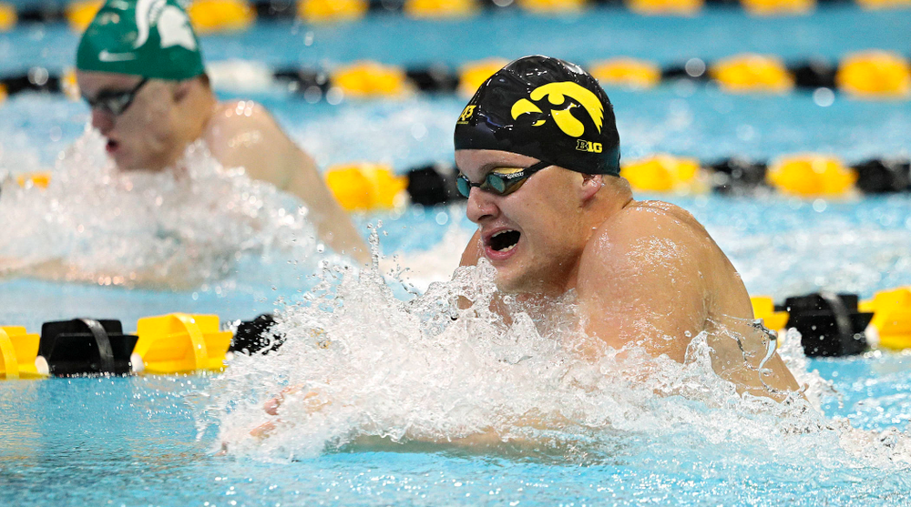 Iowa’s Will Myhre swims the men’s 100-yard breaststroke event during their meet against Michigan State and Northern Iowa at the Campus Recreation and Wellness Center in Iowa City on Friday, Oct 4, 2019. (Stephen Mally/hawkeyesports.com)