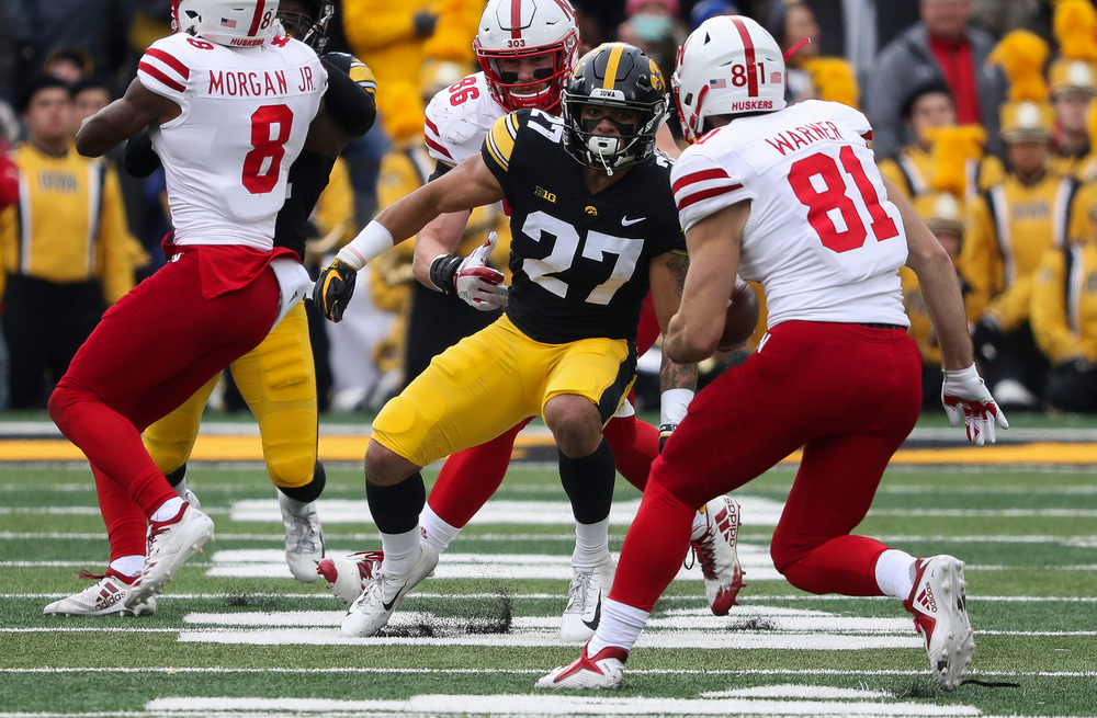 Iowa Hawkeyes defensive back Amani Hooker (27) prepares to make a tackle during a game against Nebraska at Kinnick Stadium on November 23, 2018. (Tork Mason/hawkeyesports.com)