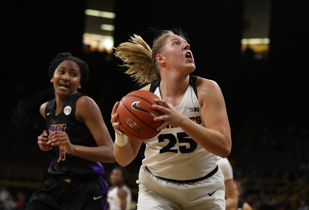Iowa Hawkeyes forward/center Monika Czinano (25) against the Northern Iowa Panthers in the Hy-Vee Classic Sunday, December 16, 2018 at Carver-Hawkeye Arena. (Brian Ray/hawkeyesports.com)